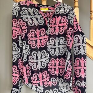 Banana Republic Milly Collection Pink/Blue Medallion Prt Roll Sleeve Blouse Sz 0